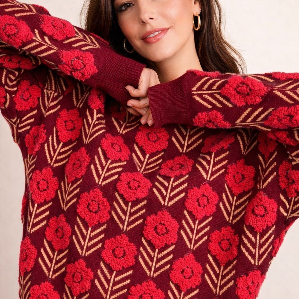 Magaschoni Woman Textured Floral Sweater 3X Burgundy Pink Bouclé Knit Cozy